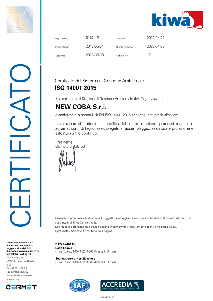 Certificazione ISO 14001 New coba